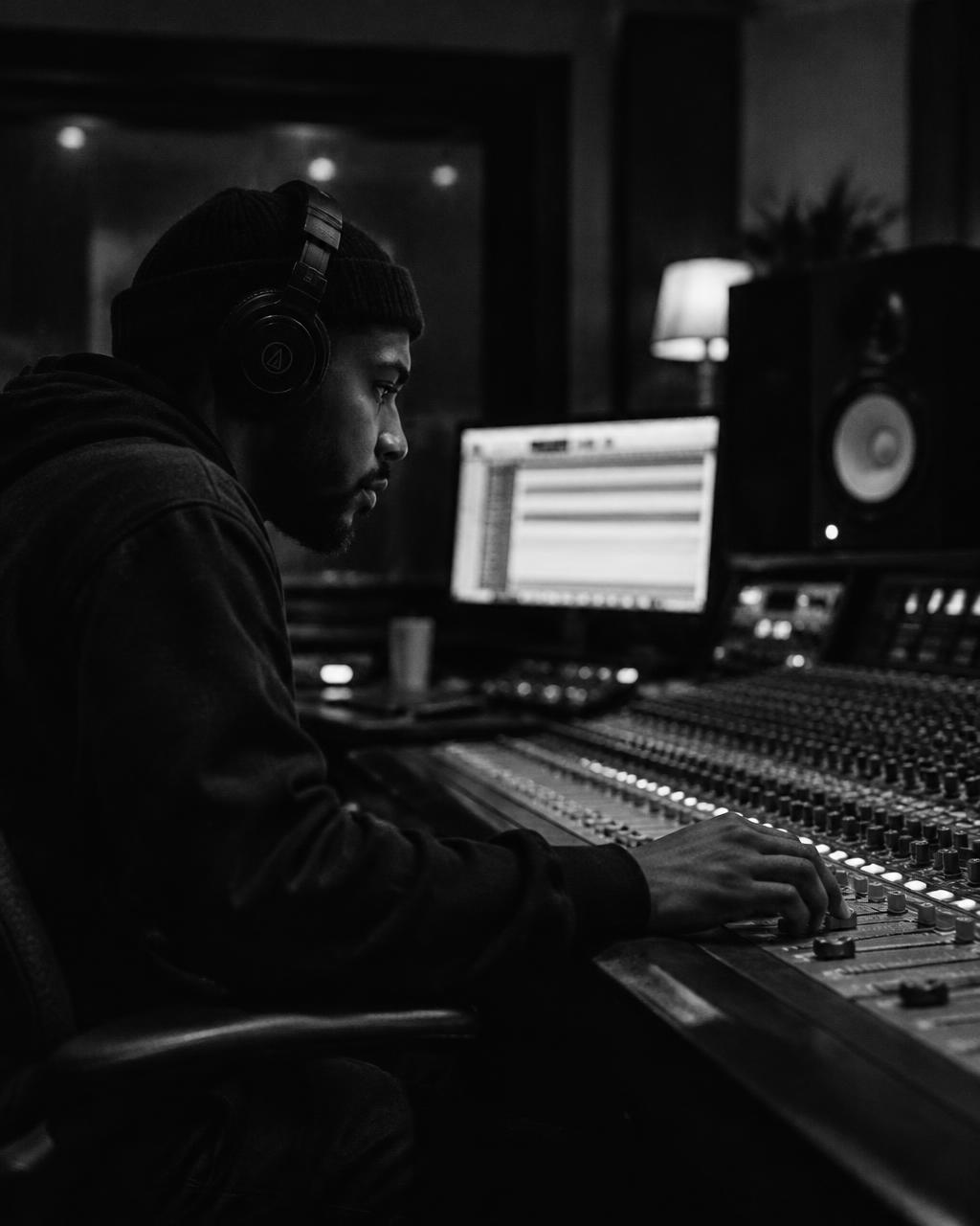 A producer working at a mixing console in a recording studio